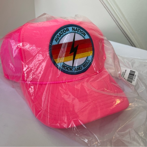 NWT Aviator Nation Neon Pink Trucker Hat Rock & Roll Bolt embroidered patch - Picture 4 of 11
